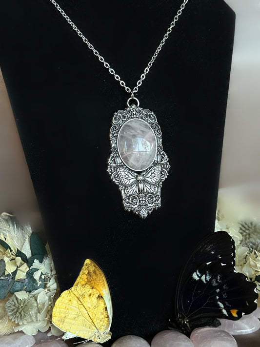 MOTH IN A COFFIN - Mother of Hades Rose Quartz Necklace