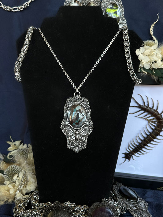 MOTH IN A COFFIN - Mother of Hades Blue Butterfly Wing Necklace