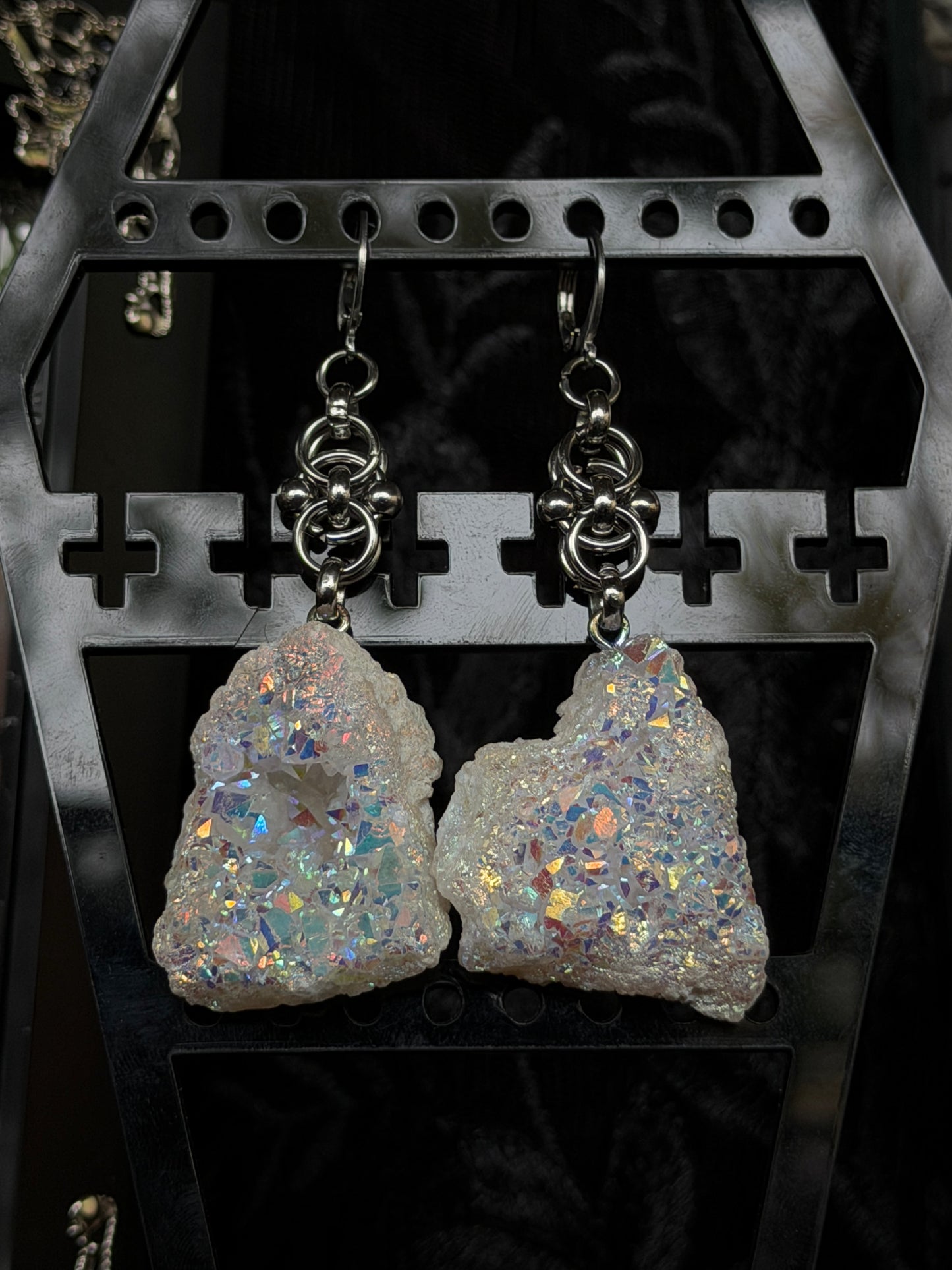 SILVER GLACIER - Druzy Quartz Chunk Ear Hangers