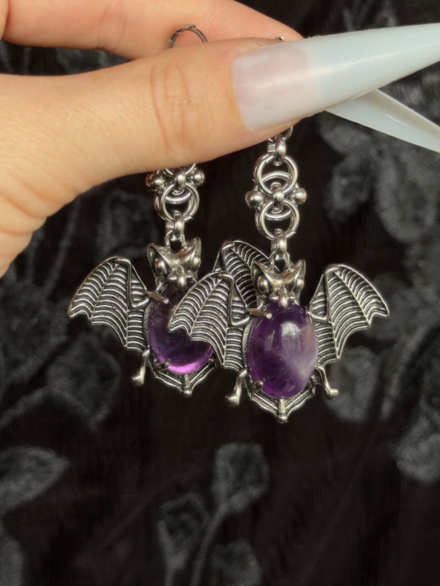 SCREECHER CREATURE - Amethyst Bat Pendant Ear Hangers